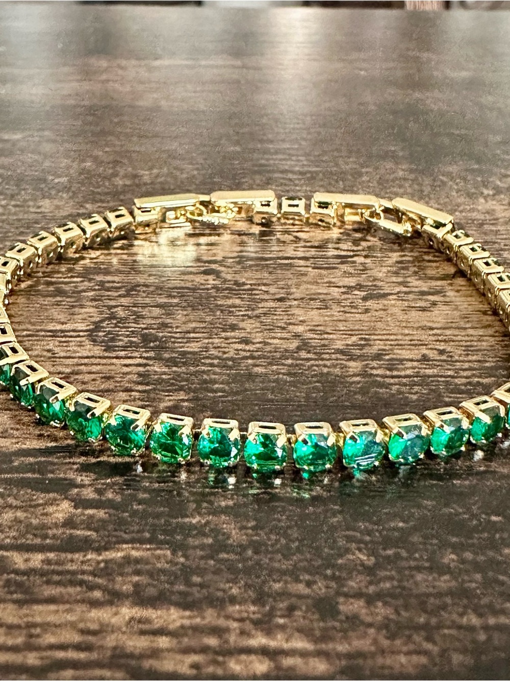 Gold Tennis Bracelet with Emerald Green Stones